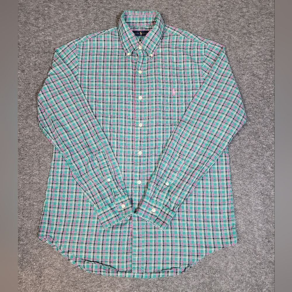 Polo Ralph Lauren Mens Button Down Shirt Size M Green Pink Plaid Preppy